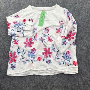 Kindred Petite Blouse PM White Floral Embroidered 3/4 Sleeve Top NWT Women's